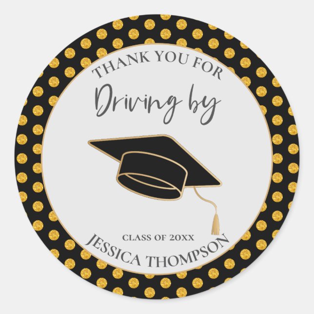 Black Gold Dots Drive By Class Of 2023 Graduation Classic Round Sticker (Front)