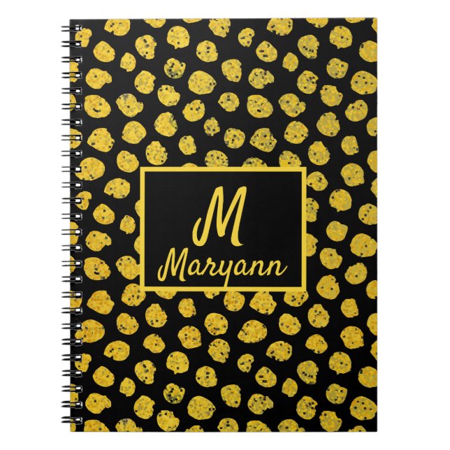 Black Gold Dots Glamourous Name & Monogram Notebook (Front)