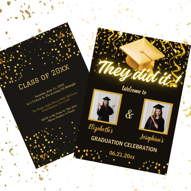  Black Gold Double Graduation Party Photo 2 person Invitation (Creator Uploaded)