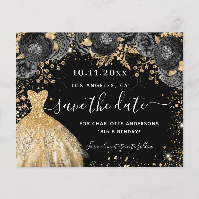 Black gold dress budget birthday save the date (Front)