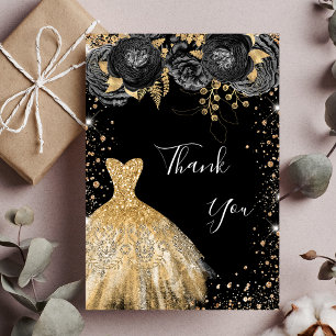 Black gold dress floral glamourous birthday thank you card