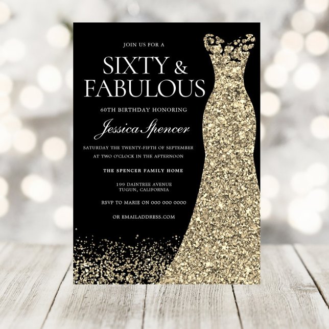 Black Gold Dress Sixty & Fabulous 60th Birthday Invitation (Creator Uploaded)