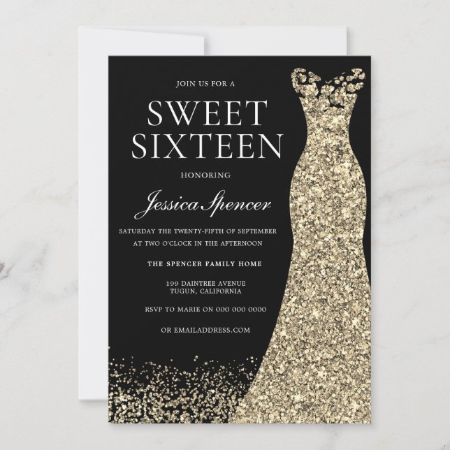 Black Gold Dress Sweet 16 Birthday Party Invitation (Front)