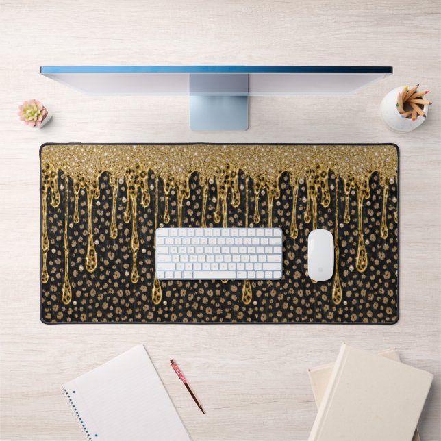 Black Gold Dripping Glitter Leopard Animal Print Desk Mat (Office 1)