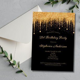 Black Gold Dripping Glitter Trendy 21st Birthday  Invitation