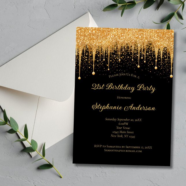 Black Gold Dripping Glitter Trendy 21st Birthday  Invitation (Black Gold Dripping Glitter 21st Birthday Invitation for her. Printed or Digital Download)