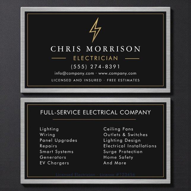 Black Gold Electrician Electrical Contractor Metal Business Card (Creator Uploaded)