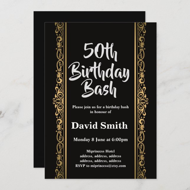 black, gold, elegant, birthday bash invitation (Front/Back)
