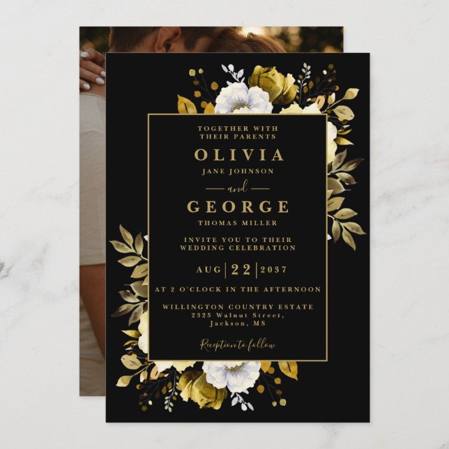 Black Gold Elegant Botanical Floral Photo Wedding Invitation (Front/Back)
