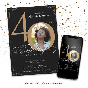 Black Gold Elegant Calligraphy Photo 40th Birthday Invitation