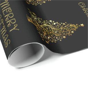 Black Gold Elegant Chic Christmas Tree Stars Wrapping Paper