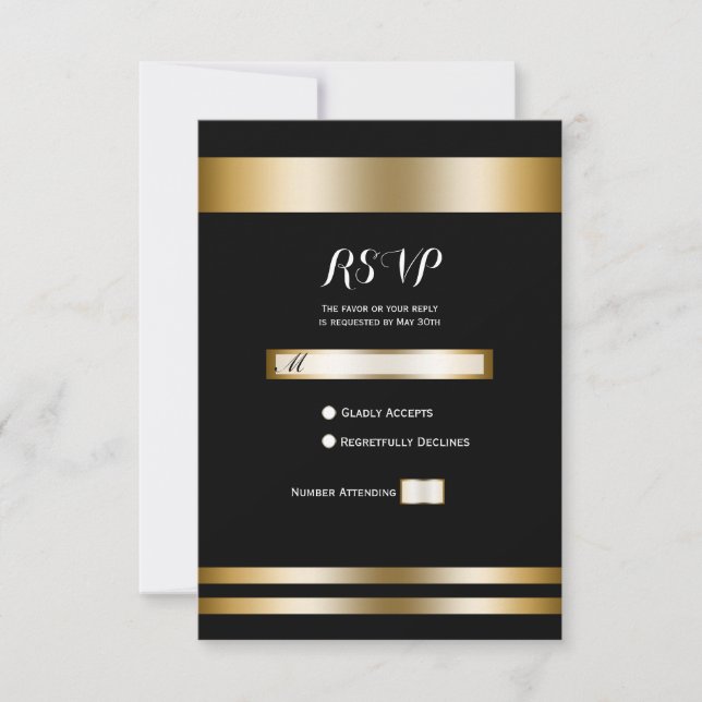 Black & Gold Elegant Chic Party Wedding RSVP Card (Front)