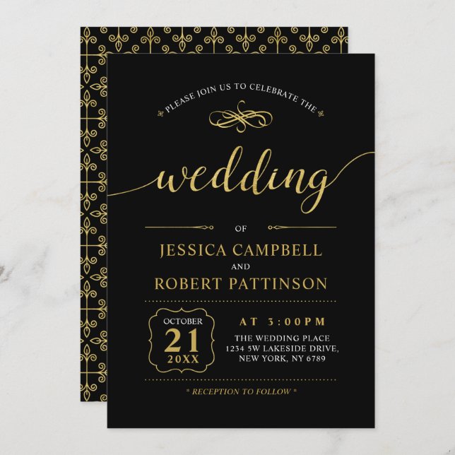 Black & Gold | Elegant Classic Wedding Ceremony Invitation (Front/Back)