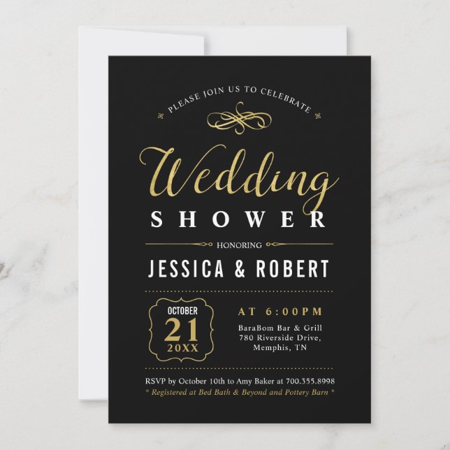 Black & Gold | Elegant Couples Wedding Shower Invitation (Front)