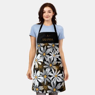 Black Gold Elegant Daisy Floral Abstract Monogram Apron