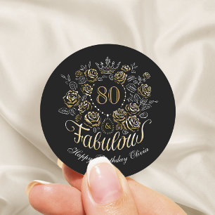 Black & Gold Elegant Floral 80 & Fabulous Birthday Classic Round Sticker