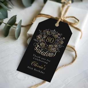 Black & Gold Elegant Floral 80 & Fabulous Birthday Gift Tags