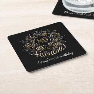 Black Gold Elegant Floral 80 & Fabulous Birthday Square Paper Coaster