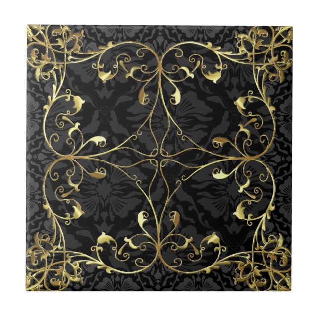 Black & Gold Elegant Floral Damask  Pattern 2 Ceramic Tile (Front)