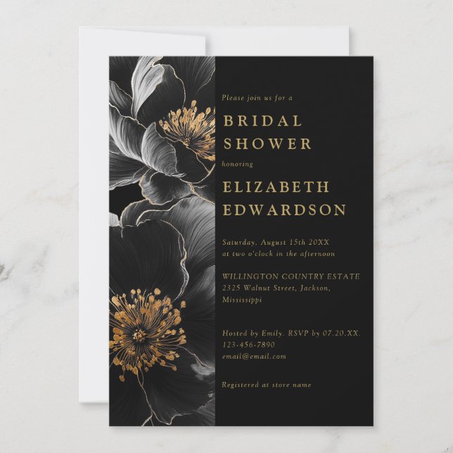 Black Gold Elegant Floral QR Code Bridal Shower Invitation (Front)