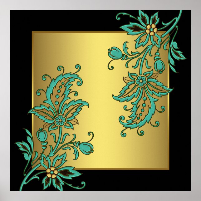 Black Gold Elegant Floral Wall Art Print (Front)
