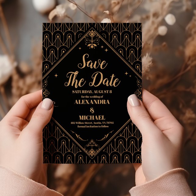 Black Gold Elegant Geometric Art Deco Wedding  Save The Date (Creator Uploaded)