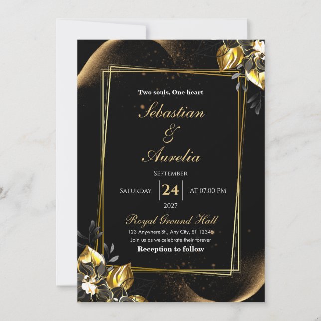 Black & Gold Elegant Geometric Wedding Invitation (Front)