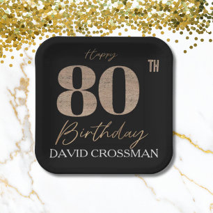 Black & Gold Elegant Glitter 80th Birthday Paper Plate