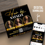 Black Gold Elegant Hair Stylist Digital Flyer Card<br><div class="desc">Promote your hair styling services with this elegant and modern digital flyer. Featuring a stylish black and gold design, it's perfect for showcasing your expertise and attracting new clients. The flyer includes space for your name, contact information, and a QR code for easy booking. Customise it with your services, prices,...</div>