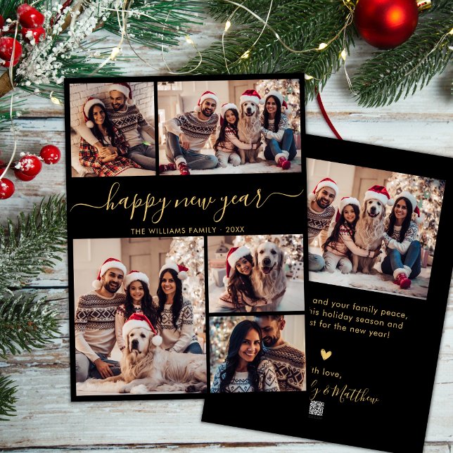Black Gold Elegant Happy New Year 5 Photo Collage Holiday Card (Creator Uploaded)