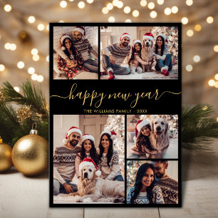 Black Gold Elegant Happy New Year 5 Photo Collage Holiday Card