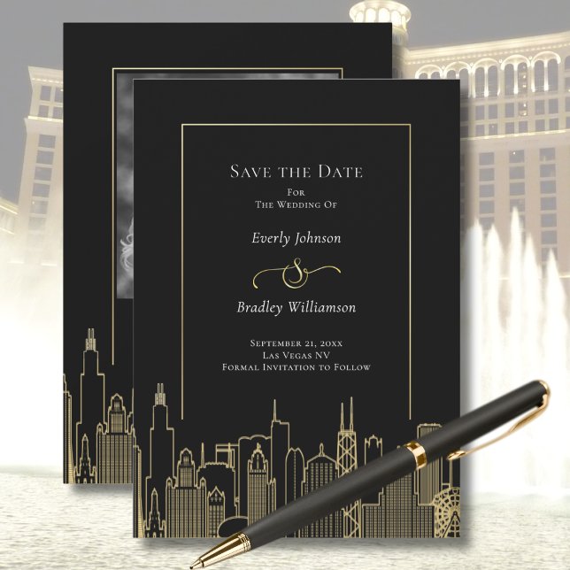 Black Gold Elegant Las Vegas Skyline Save the Date Invitation (Creator Uploaded)
