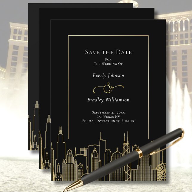 Black Gold Elegant Las Vegas Skyline Save the Date Invitation (Creator Uploaded)