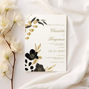Black gold elegant luxury foliage floral wedding invitation