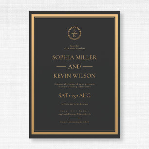 Black Gold Elegant Modern Monogrammed Wedding Invitation