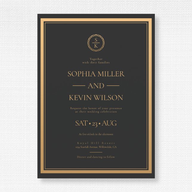 Black Gold Elegant Modern Monogrammed Wedding Invitation (Creator Uploaded)