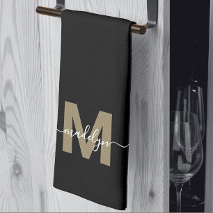 Black Gold Elegant Modern Script Name Monogram Tea Towel