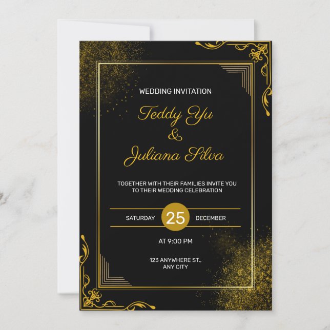 Black Gold Elegant Modern Wedding Invitation (Front)