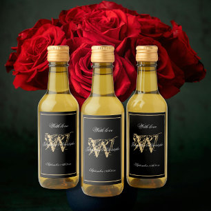 Black & Gold Elegant Monogram Chic Mini Wedding  Wine Label