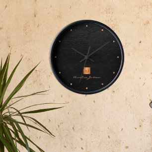 Black gold elegant monogram name personalised round clock