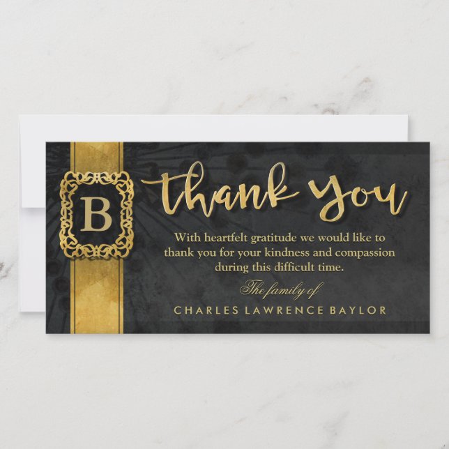 Black & Gold Elegant Monogram Sympathy Thank You (Front)