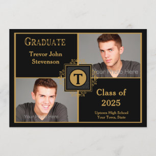 Black Gold Elegant Monogram, Two Photo Graduation Announcement