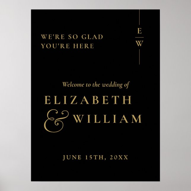 Black Gold Elegant Monogram Wedding Welcome Sign (Front)