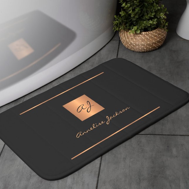 Black gold elegant monogrammed name modern bath mat (Creator Uploaded)