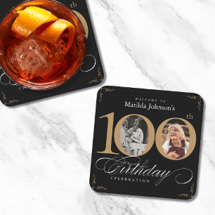 Black Gold Elegant Photo 100th Birthday Party Square Paper Coaster