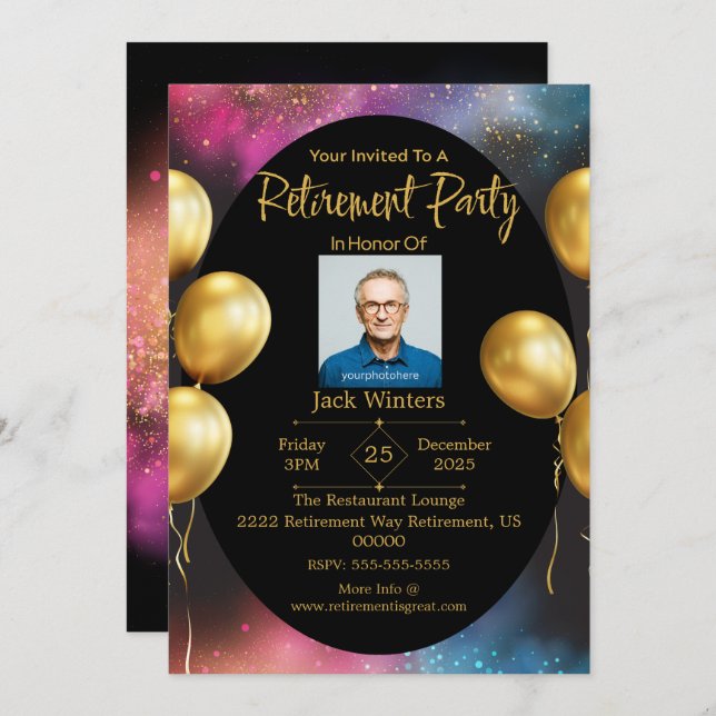 Black Gold Elegant Retirement Party Invitation (Front/Back)