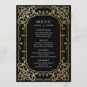 Black & gold elegant romantic vintage wedding menu