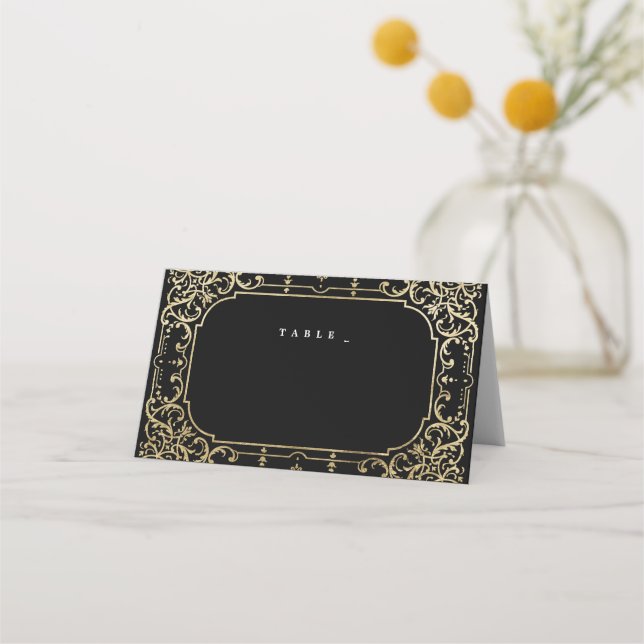 Black & gold elegant romantic vintage wedding place card (Front)