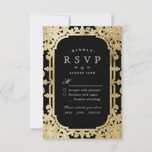 Black & gold elegant romantic vintage wedding RSVP Card (Front)