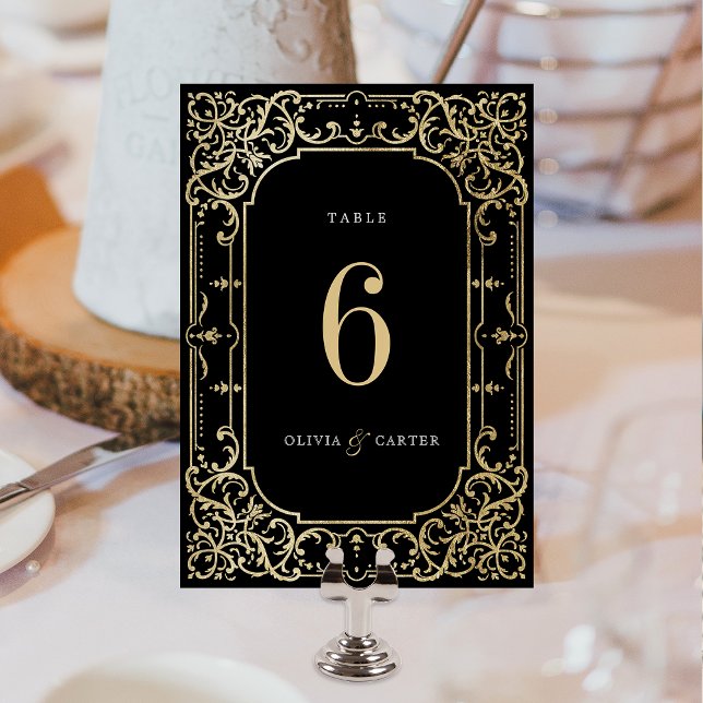 Black & gold elegant romantic vintage wedding table number (Black & gold elegant romantic vintage wedding table number card)